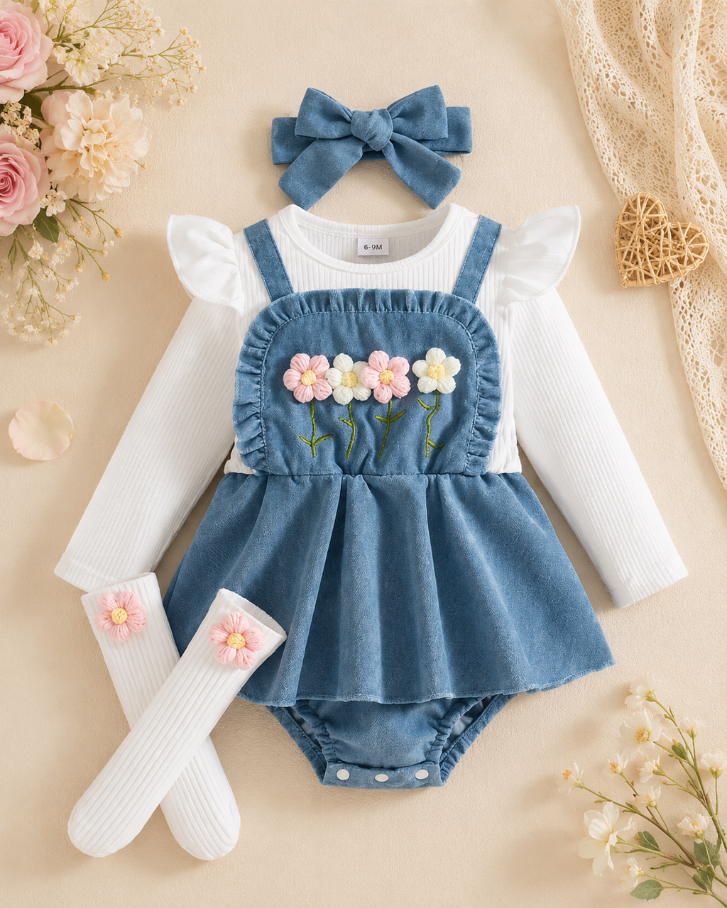 🌸 Set 4 piezas bebé niña – Overol denim floral + Camisa blanca + Diadema + Medias