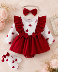🎀 Set 3 piezas – Body corazones + Falda roja con moños + Diadema