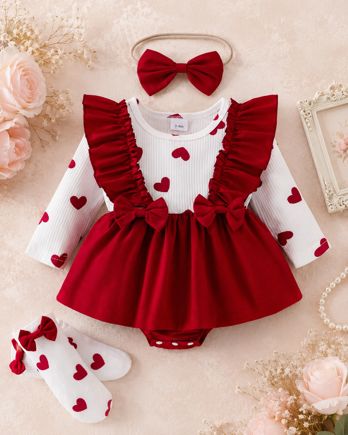 🎀 Set 3 piezas – Body corazones + Falda roja con moños + Diadema