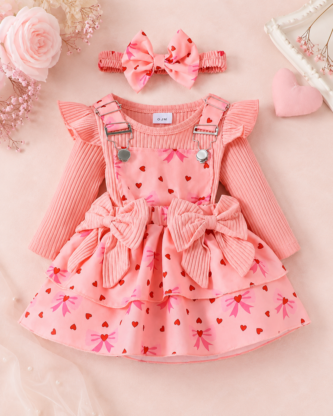 🎀 Set 3 niña: Enterizo+ Overol con corazones + Diadema | Rosa coral