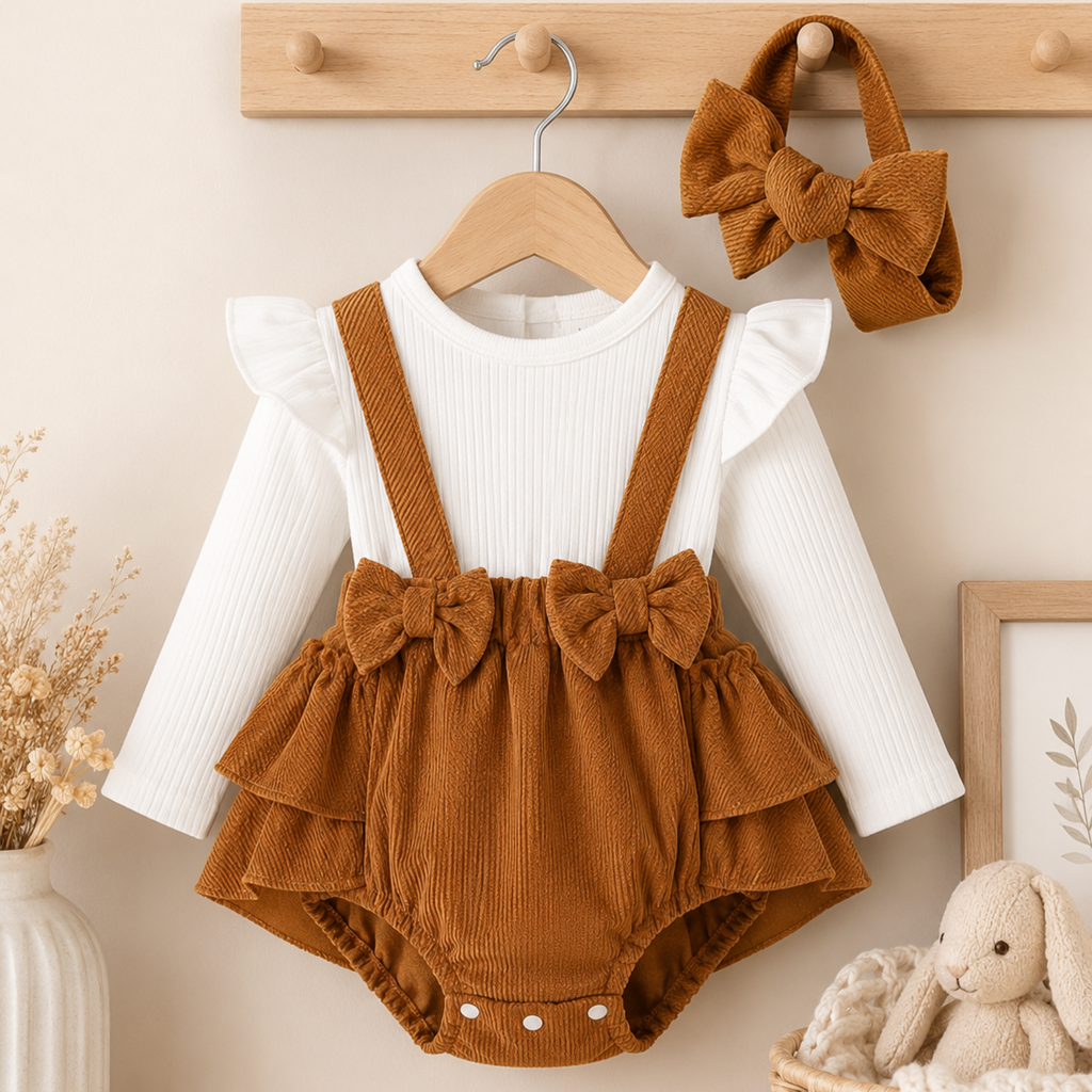🎀 Set 3 piezas bebé niña – Body blanco + Enterizo con moños + Bincha
