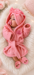 🩷 Set bata bebé "Little Sister" – Con Turbante, cinturón y pantuflas