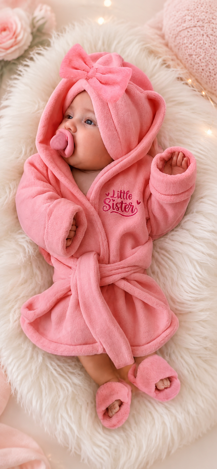 🩷 Set bata bebé "Little Sister" – Con Turbante, cinturón y pantuflas