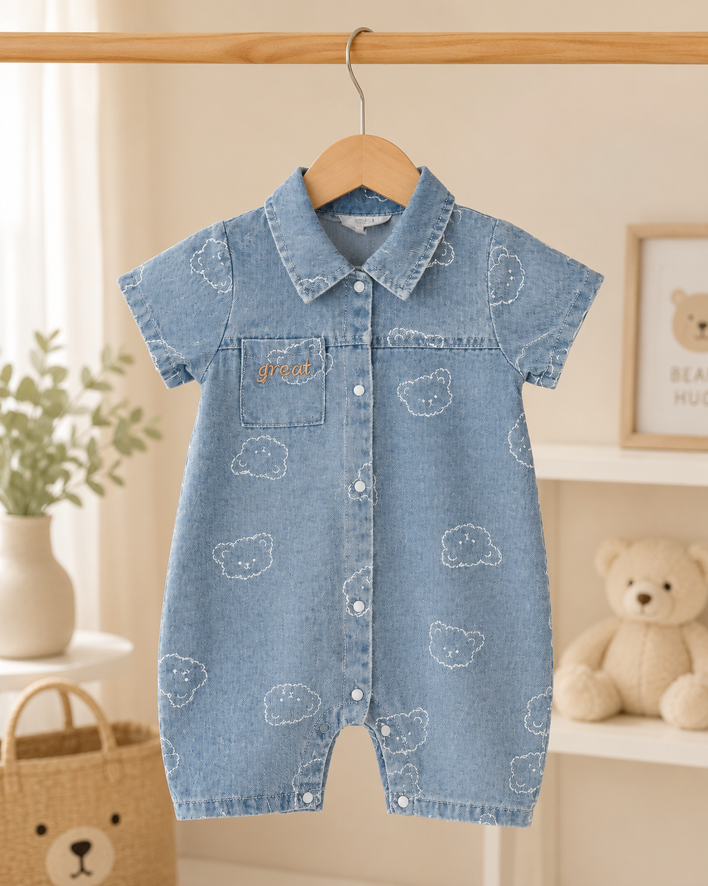 🐻 Mameluco Bebé Jeans Ositos Nube | Azul Denim