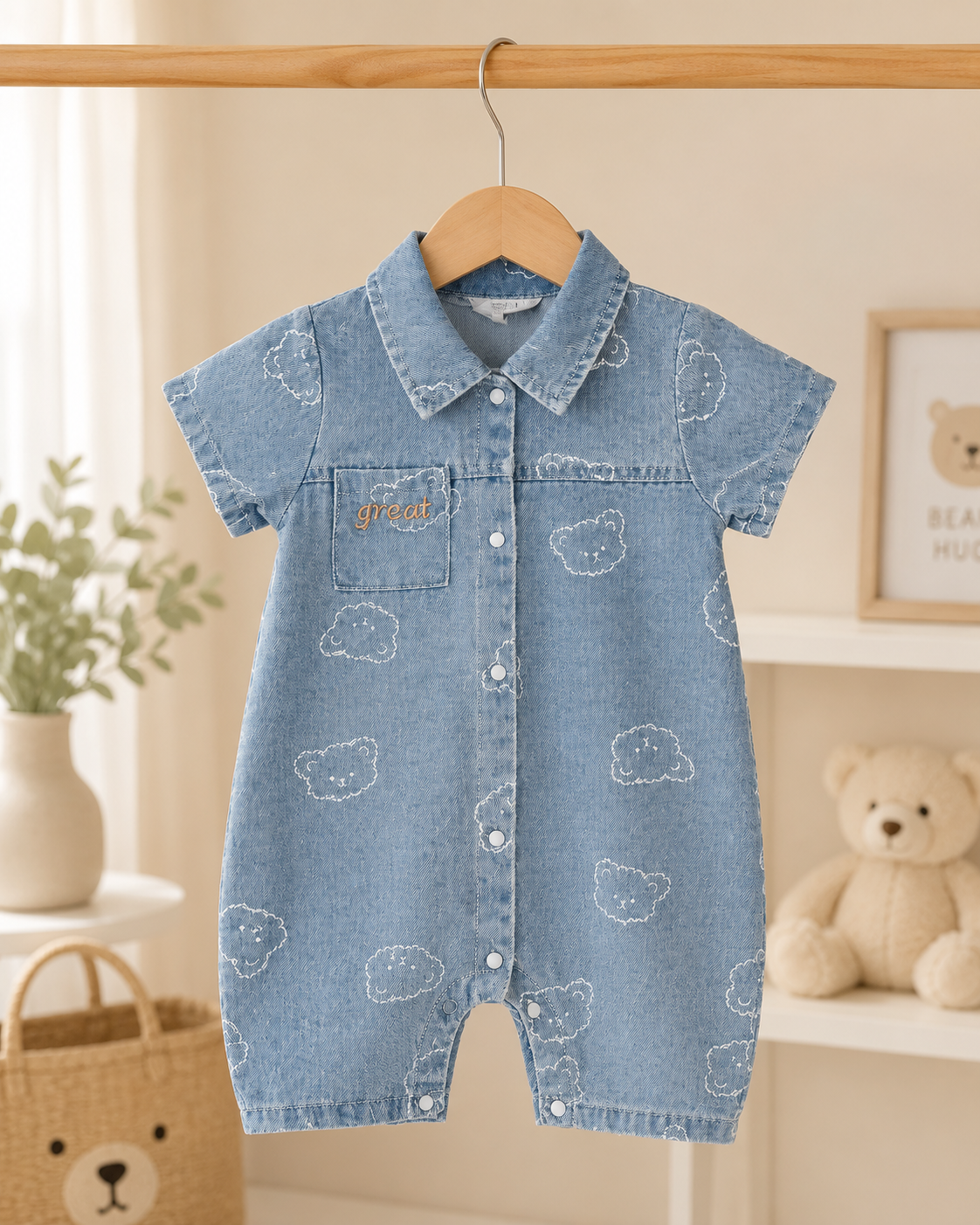 🐻 Mameluco Bebé Jeans Ositos Nube | Azul Denim