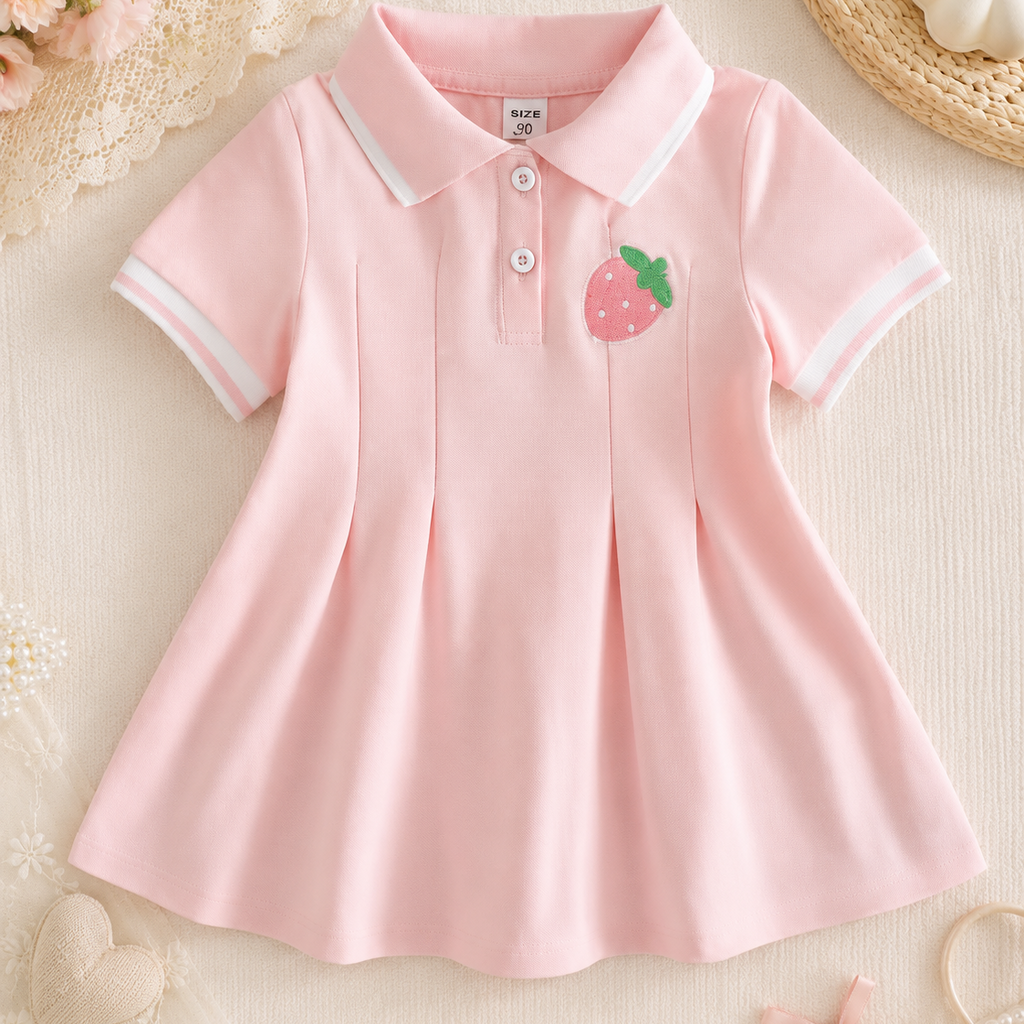 🍓 Vestido tipo polo – Bordado fresa | Rosa pastel