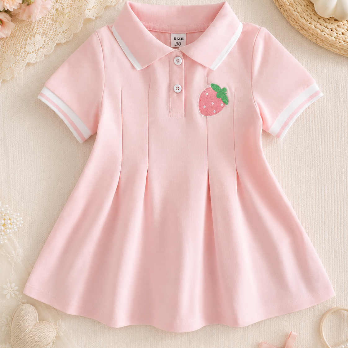 🍓 Vestido tipo polo – Bordado fresa | Rosa pastel