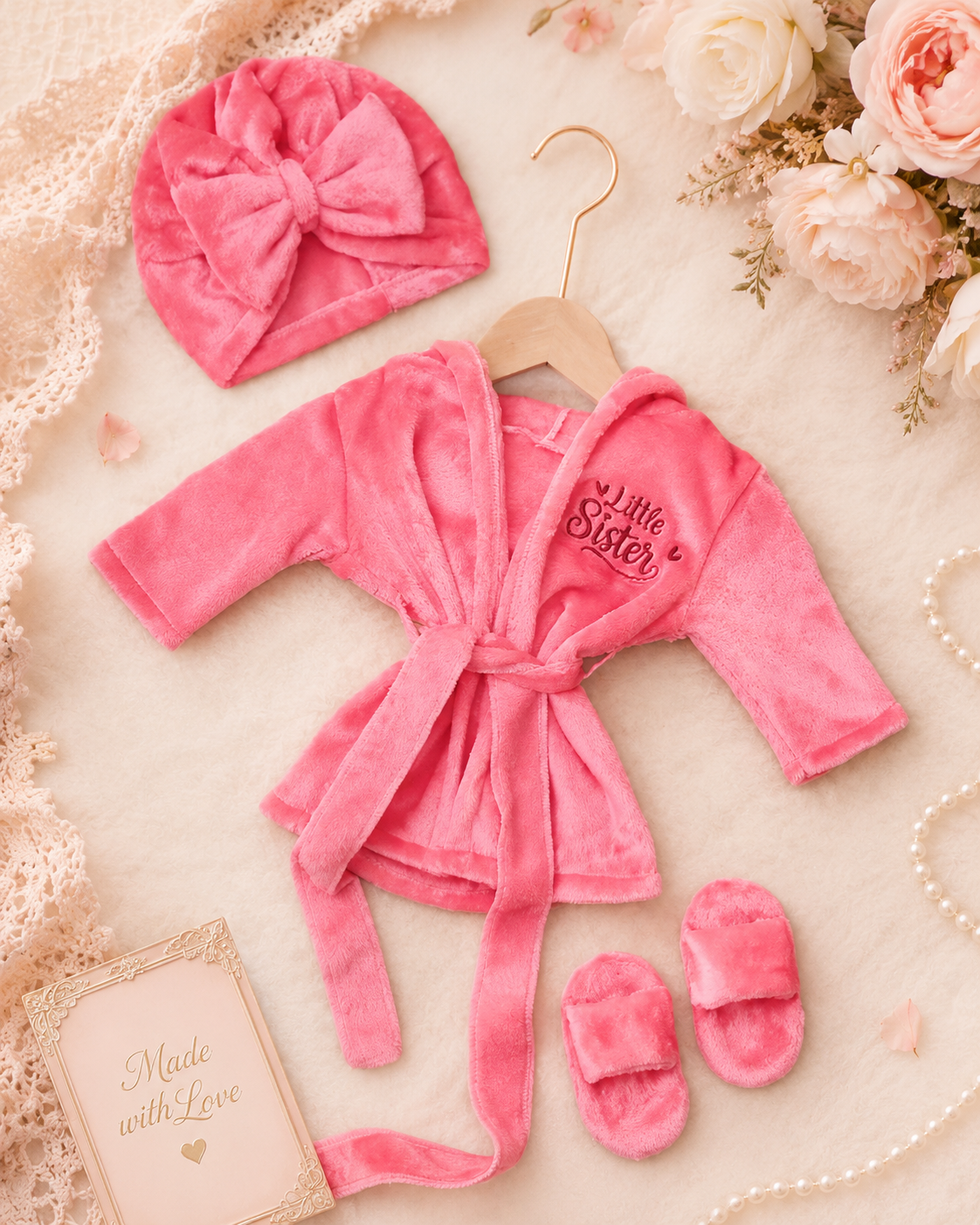 🩷 Set bata bebé "Little Sister" – Con Turbante, cinturón y pantuflas