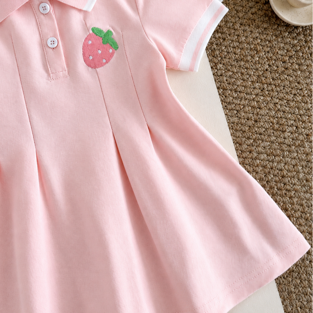 🍓 Vestido tipo polo – Bordado fresa | Rosa pastel