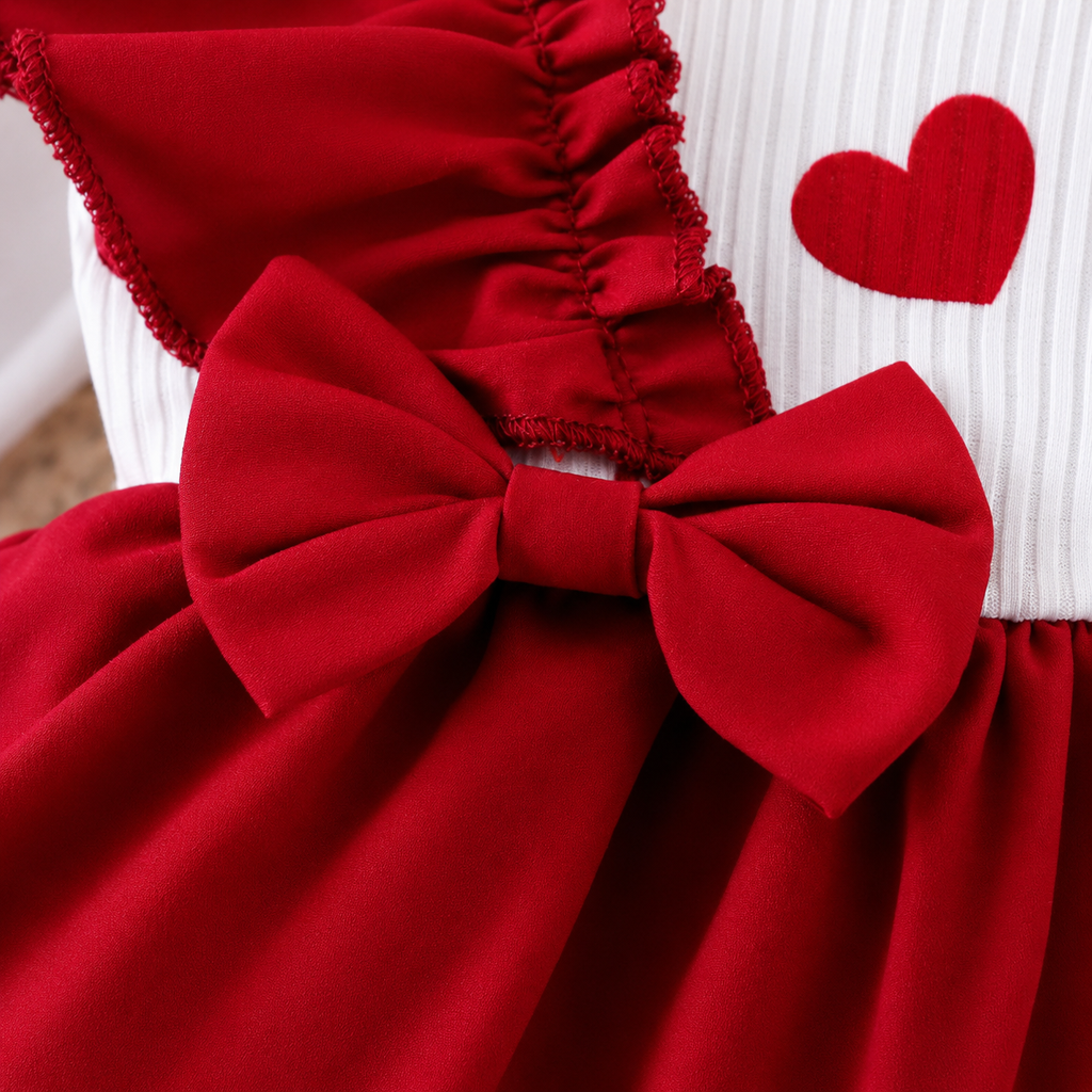 🎀 Set 3 piezas – Body corazones + Falda roja con moños + Diadema