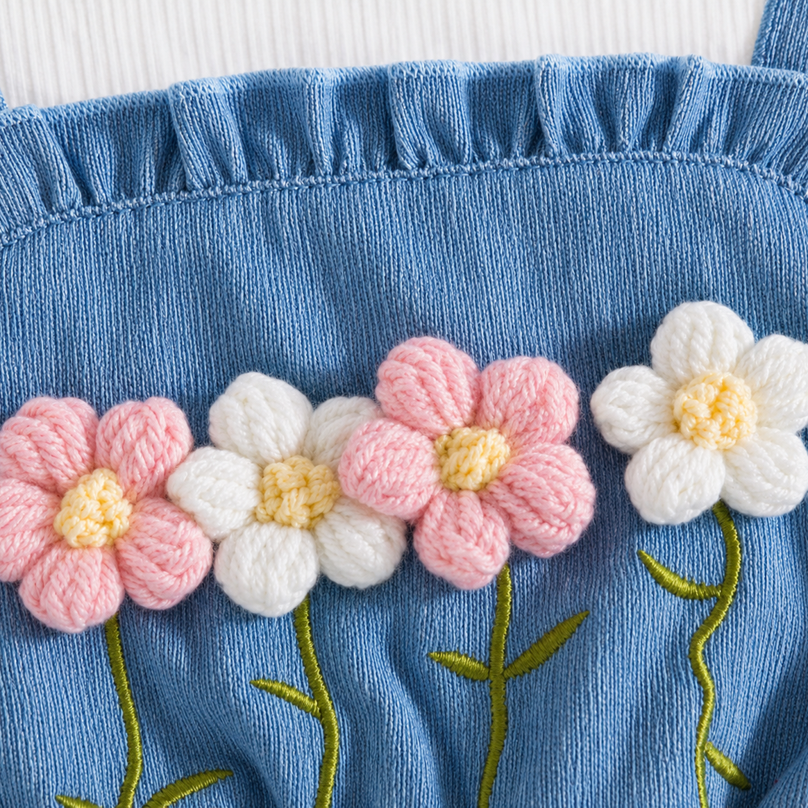 🌸 Set 4 piezas bebé niña – Overol denim floral + Camisa blanca + Diadema + Medias
