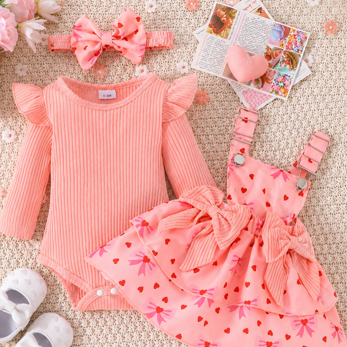 🎀 Set 3 niña: Enterizo+ Overol con corazones + Diadema | Rosa coral