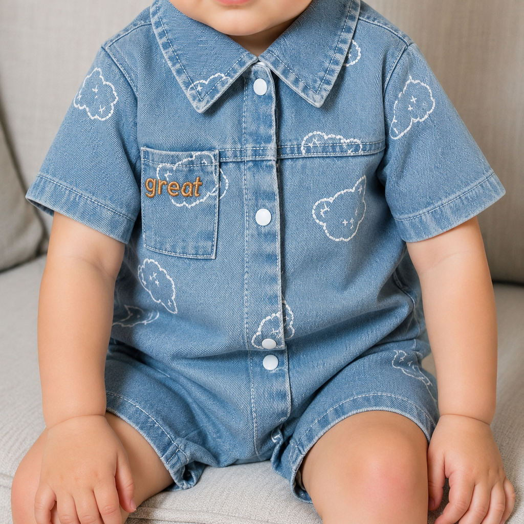 🐻 Mameluco Bebé Jeans Ositos Nube | Azul Denim